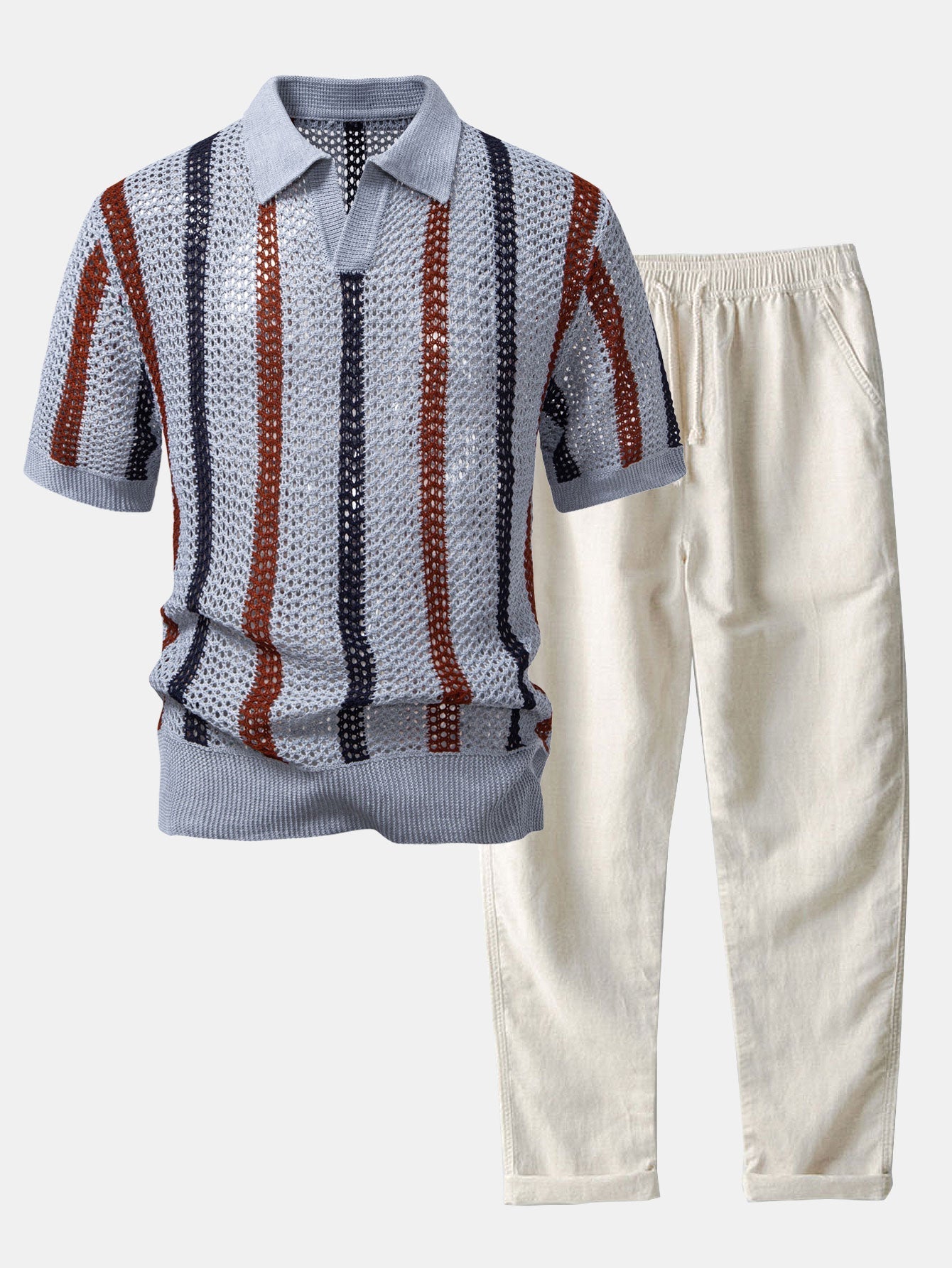 Striped Crocheted V-Neck Polo & Linen Straight Leg Trousers | Last day 80% off!