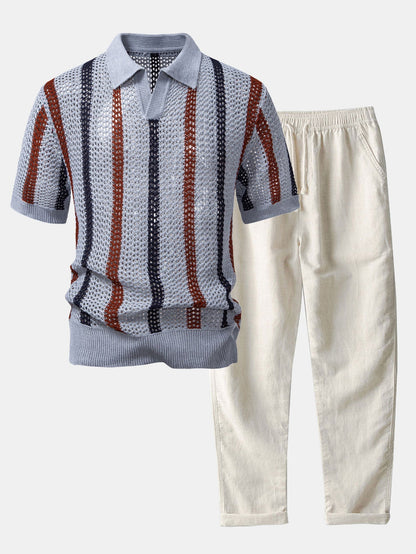 Striped Crocheted V-Neck Polo & Linen Straight Leg Trousers | Last day 80% off!