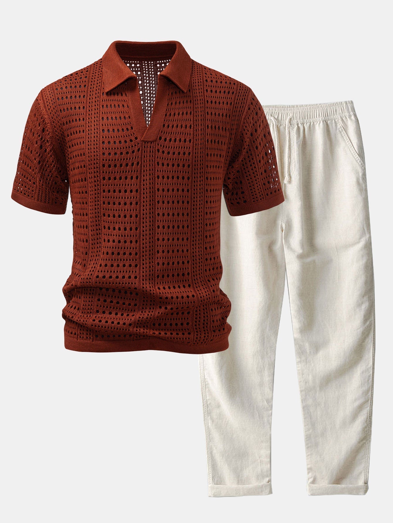 Crocheted V-Neck Polo Shirt & Linen Straight Leg Trousers | Last day 80% off!