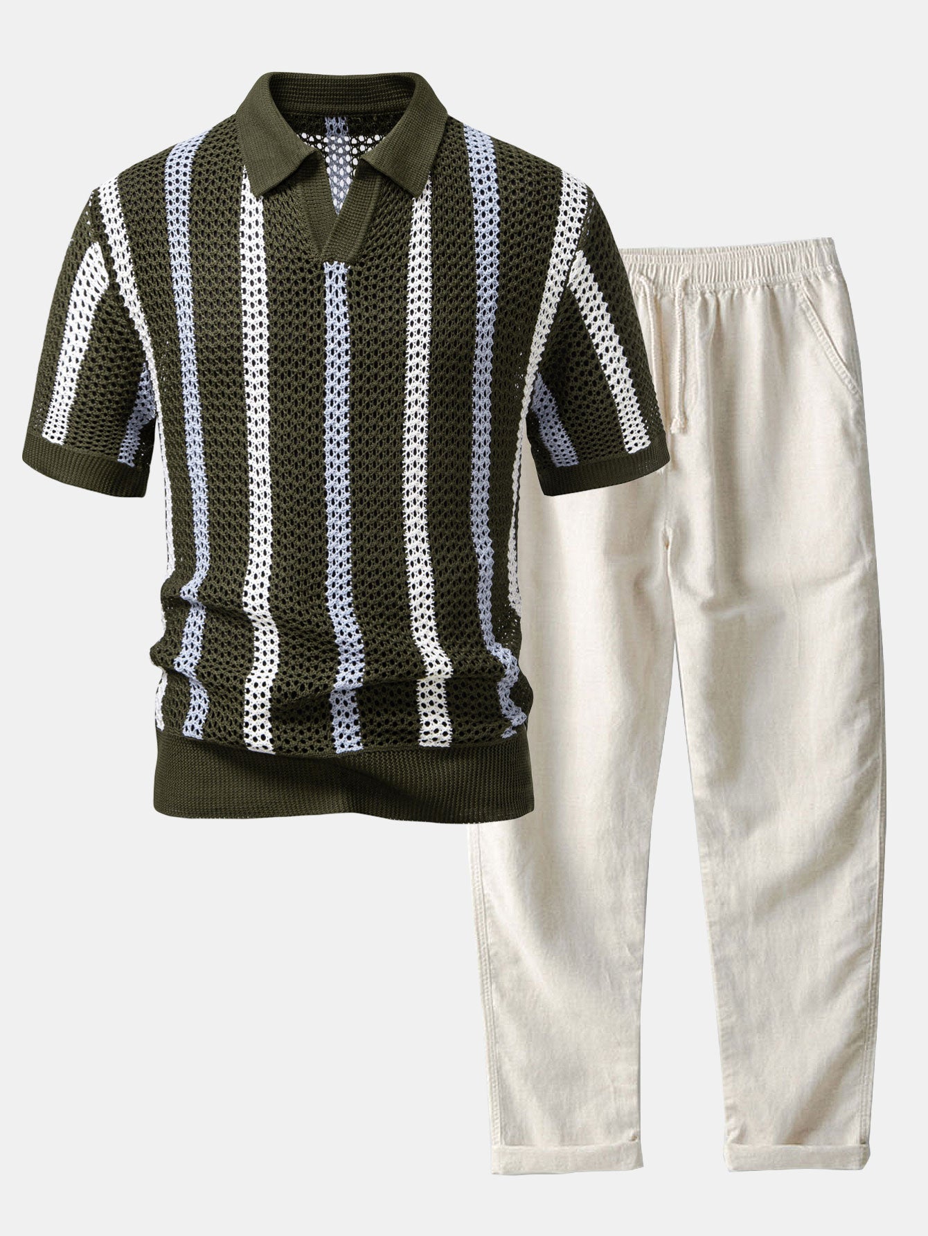 Striped Crocheted V-Neck Polo & Linen Straight Leg Trousers | Last day 80% off!