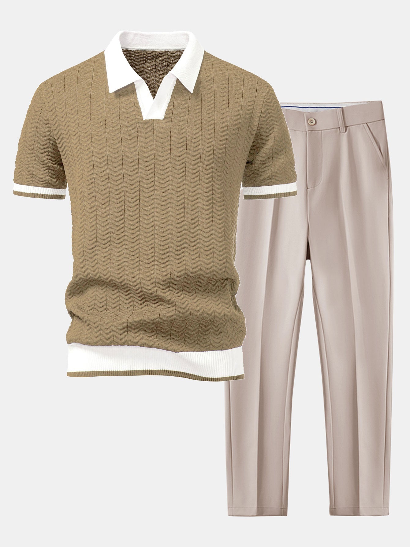 Texture Contrast Knitted V-Neck Polo Shirt & Slim Fit Tapered Trousers | Last day 80% off!