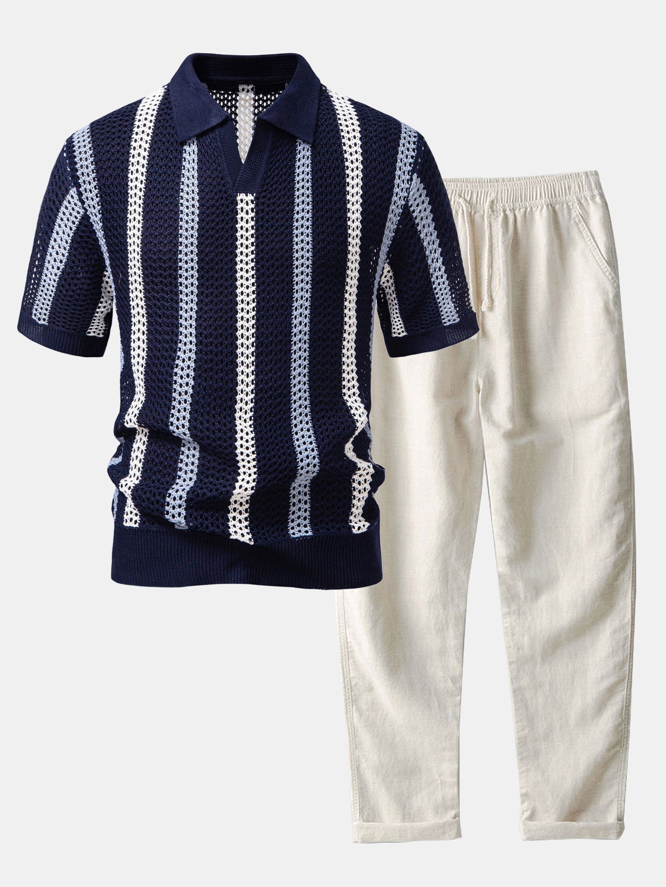 Striped Crocheted V-Neck Polo & Linen Straight Leg Trousers | Last day 80% off!