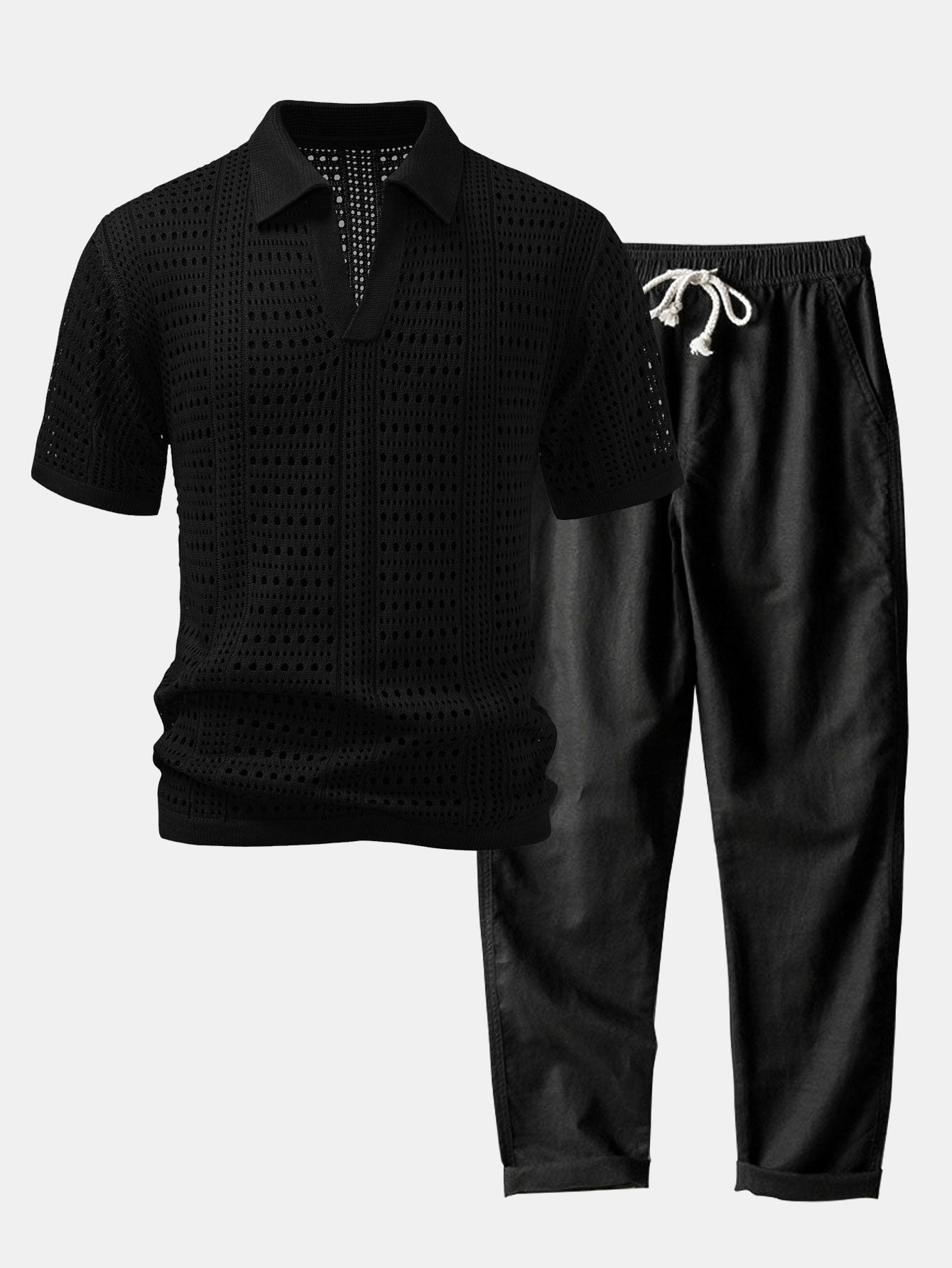 Crocheted V-Neck Polo Shirt & Linen Straight Leg Trousers | Last day 80% off!