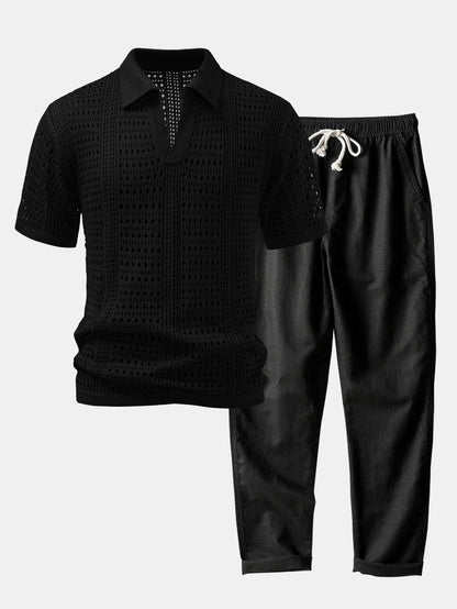 Crocheted V-Neck Polo Shirt & Linen Straight Leg Trousers | Last day 80% off!