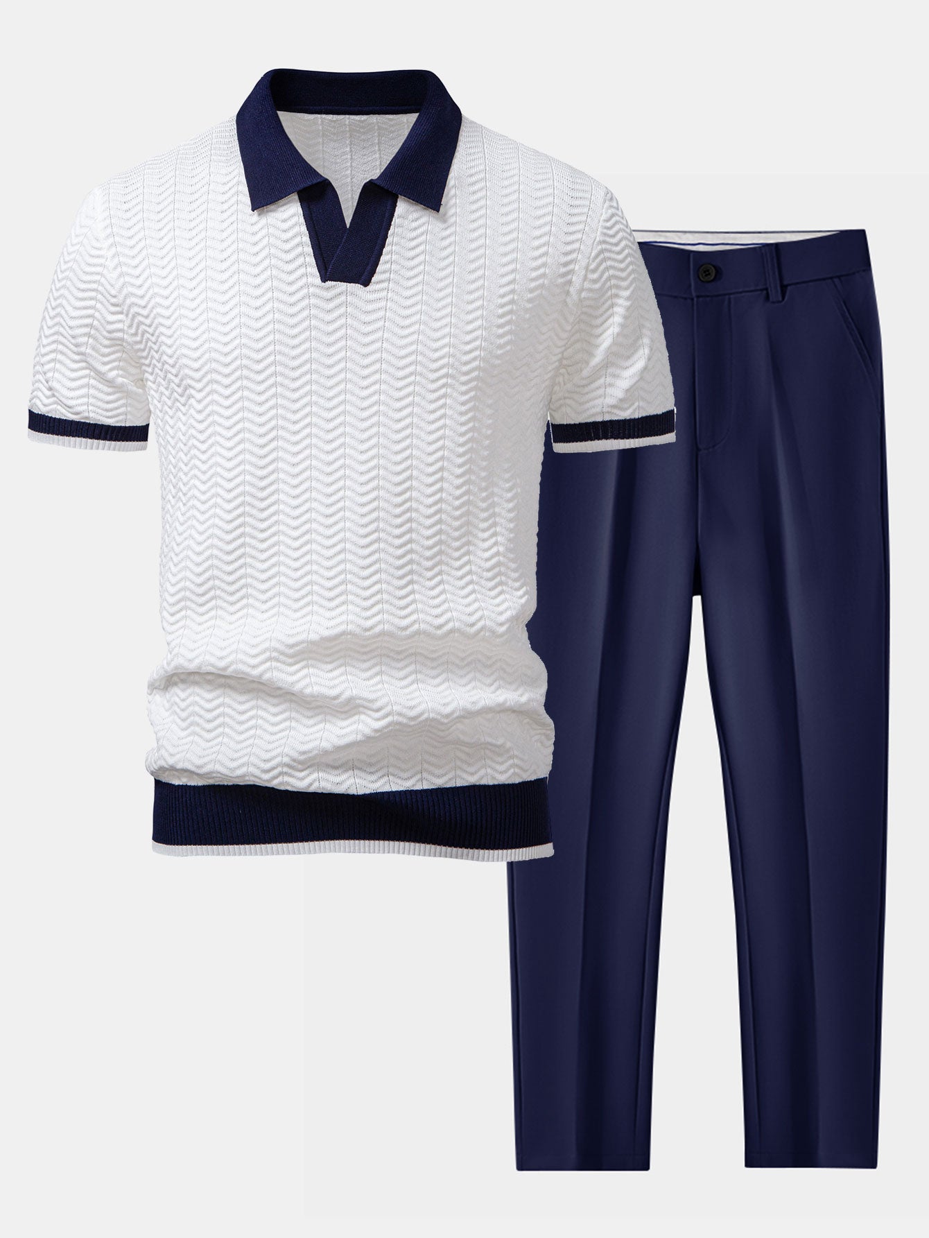 Texture Contrast Knitted V-Neck Polo Shirt & Slim Fit Tapered Trousers | Last day 80% off!