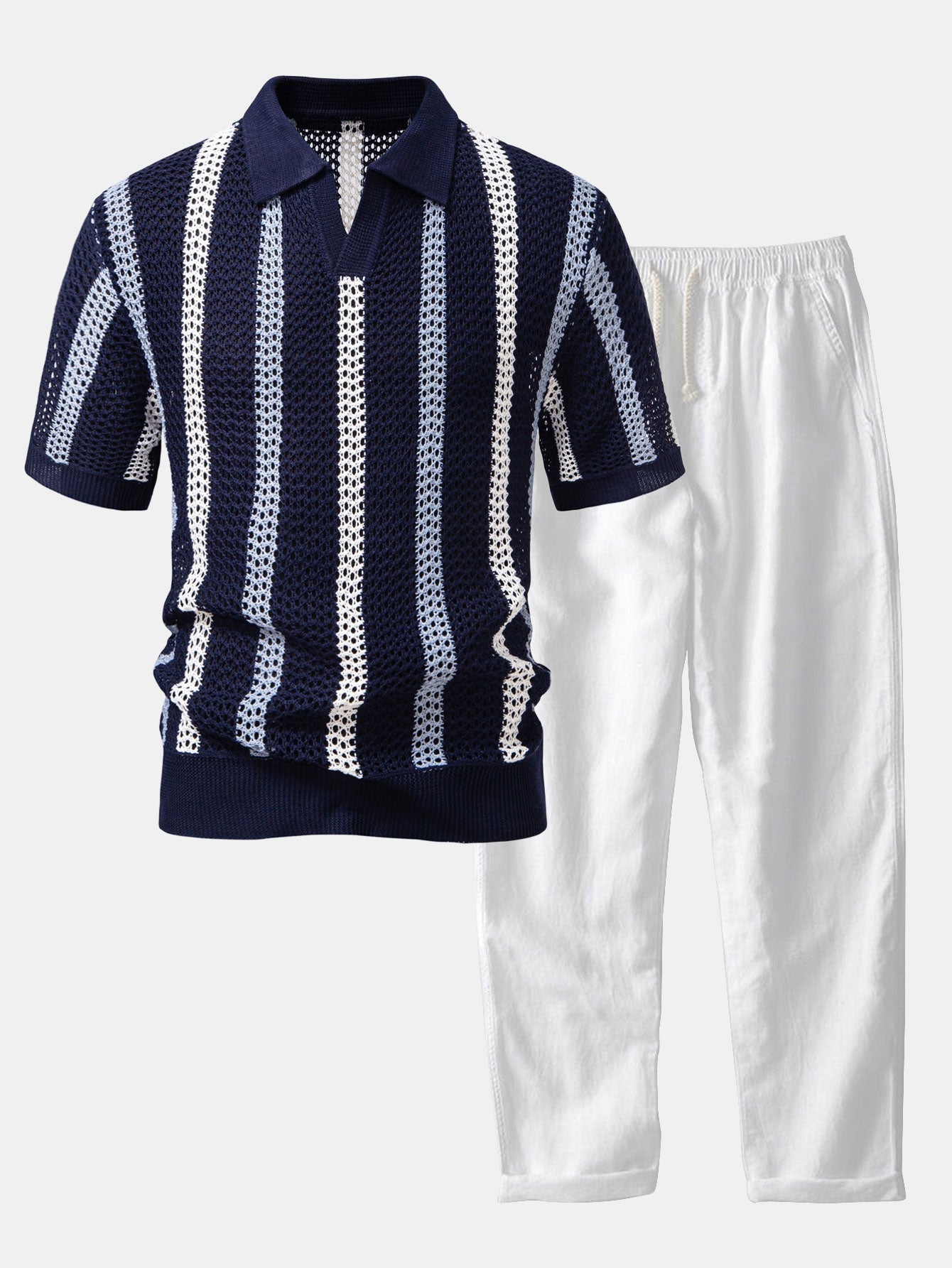 Striped Crocheted V-Neck Polo & Linen Straight Leg Trousers | Last day 80% off!