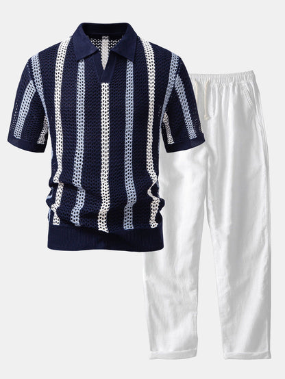 Striped Crocheted V-Neck Polo & Linen Straight Leg Trousers | Last day 80% off!