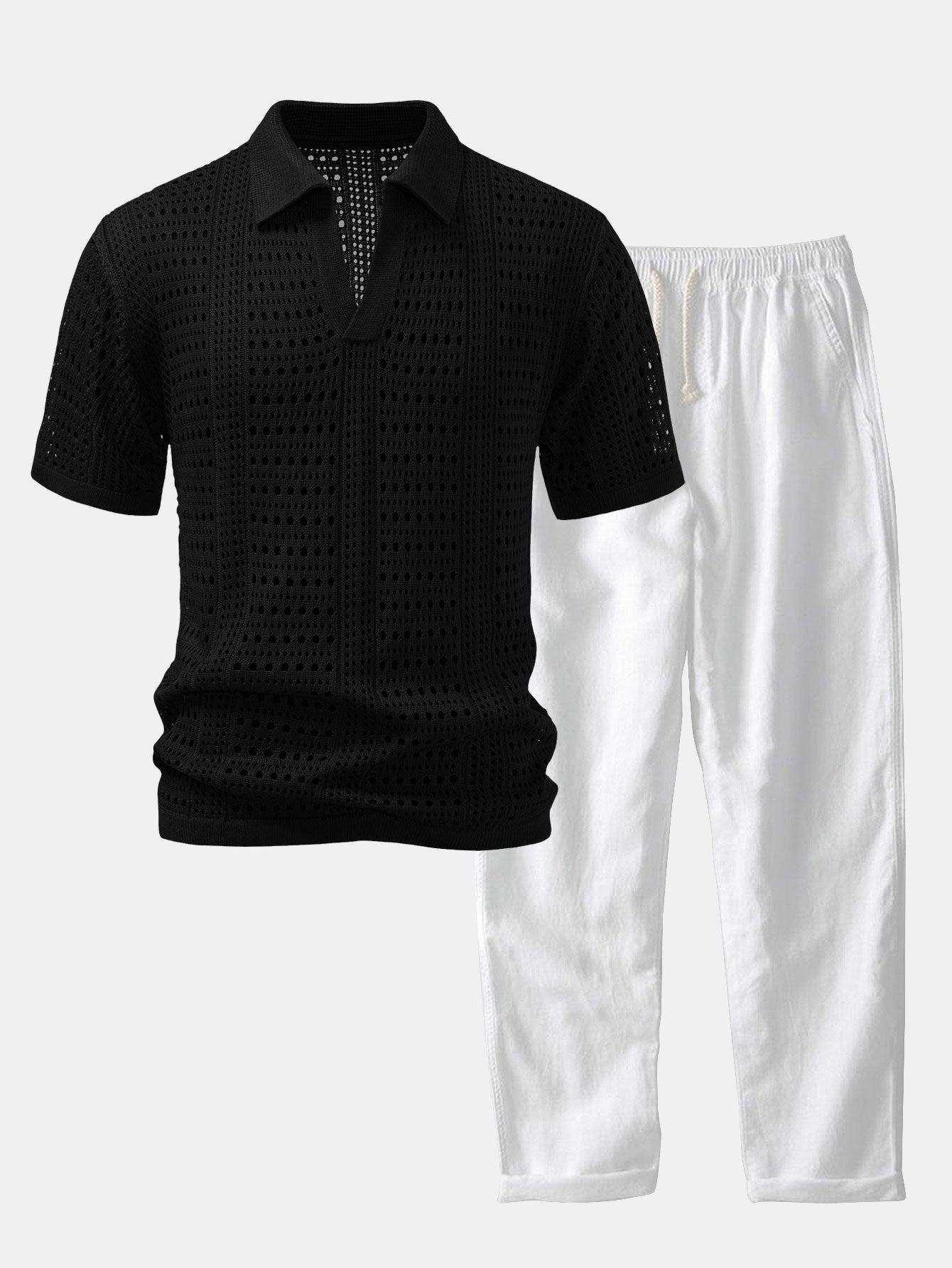 Crocheted V-Neck Polo Shirt & Linen Straight Leg Trousers | Last day 80% off!