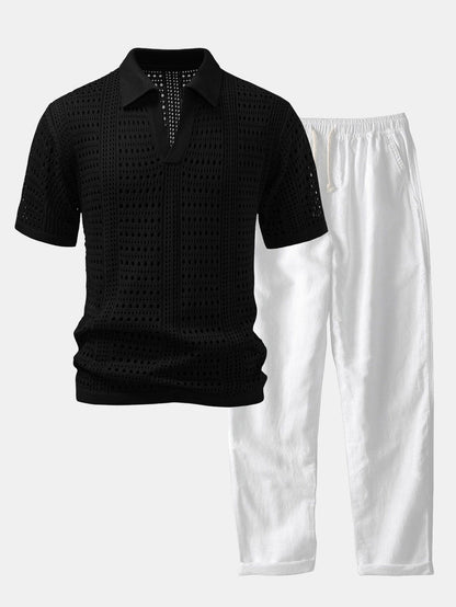 Crocheted V-Neck Polo Shirt & Linen Straight Leg Trousers | Last day 80% off!