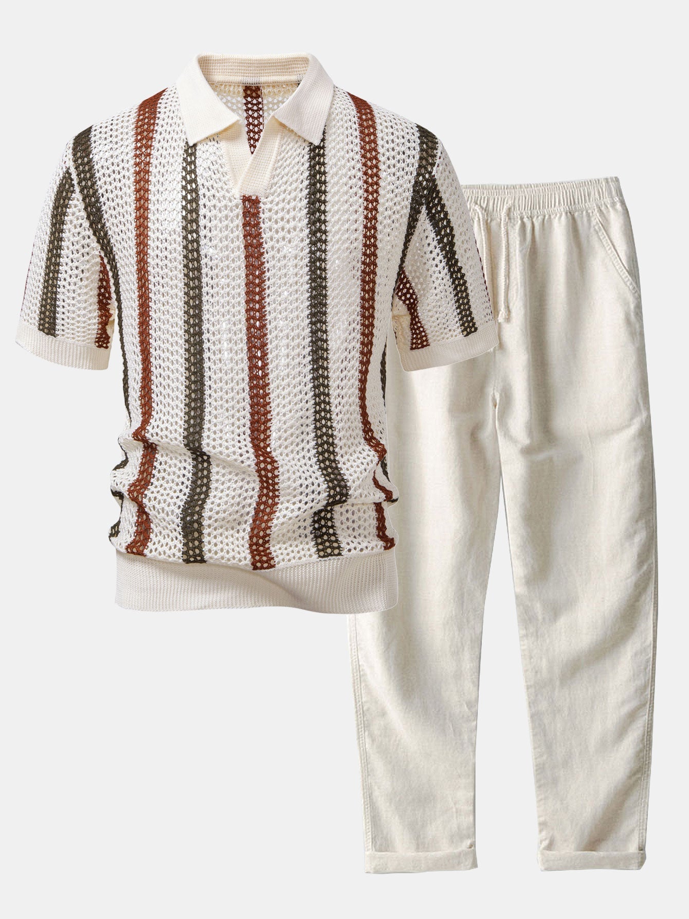 Striped Crocheted V-Neck Polo & Linen Straight Leg Trousers | Last day 80% off!