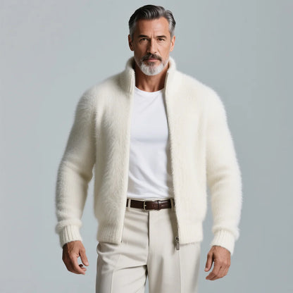 Men's High Neck Plush Knit Zip-Up Sweater Jacket