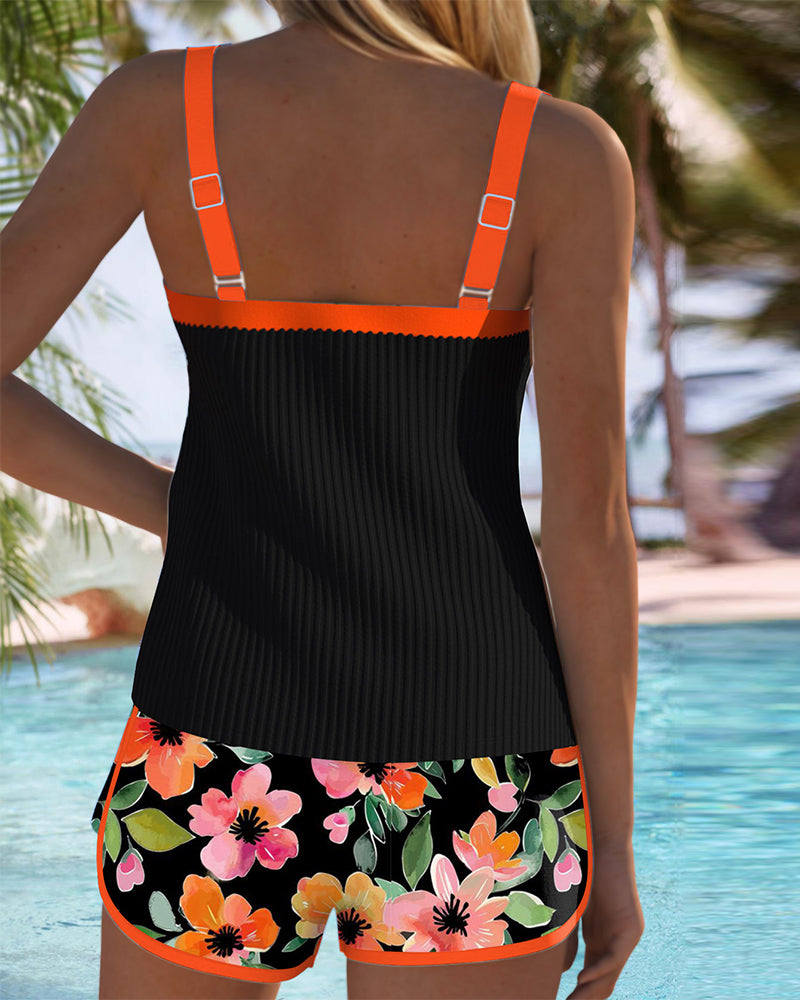 Sophie – Black Tankini with Flowers and Beach Shorts | Last Day 80% Off!
