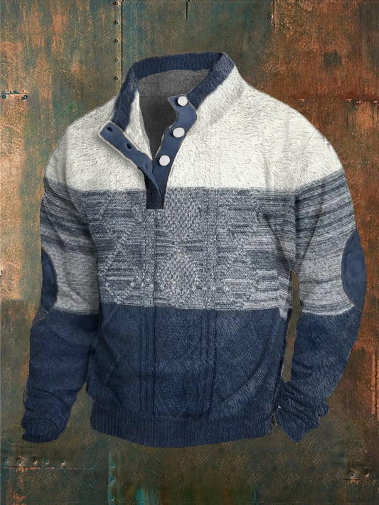 Men's Colour Matching Print Button Stand Collar Sweatshirt Last Day 80% Off!