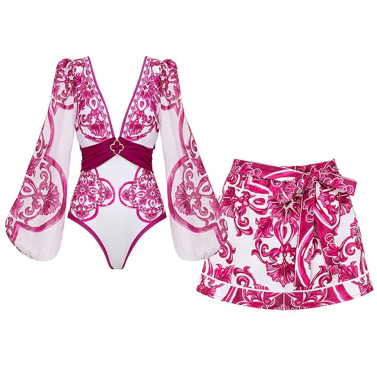 V-Neck One-Piece Swimsuit with Lace-Up and Print Including Skirt