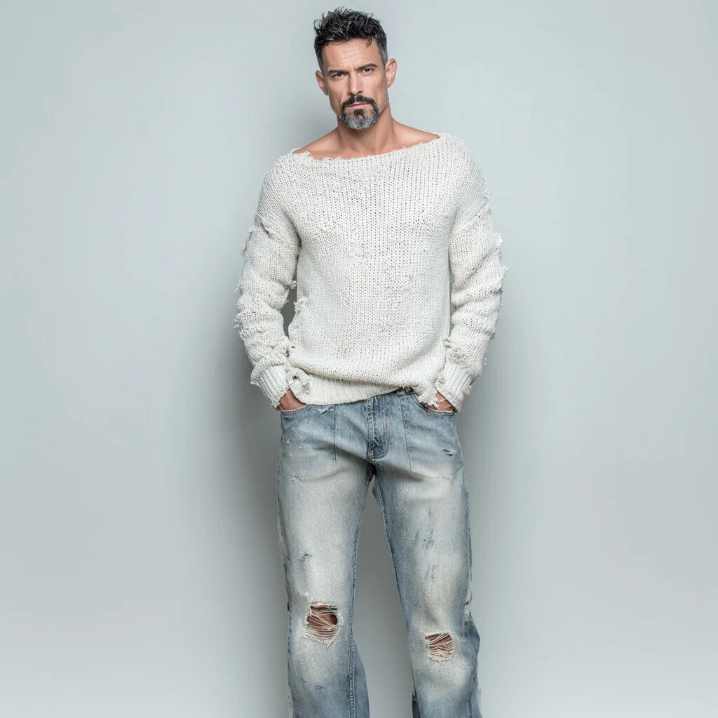 Men's Distressed Knit Sweater – Boat Neck, Drop Shoulder