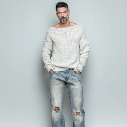 Men's Distressed Knit Sweater – Boat Neck, Drop Shoulder