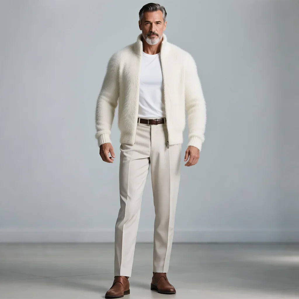 Men's High Neck Plush Knit Zip-Up Sweater Jacket