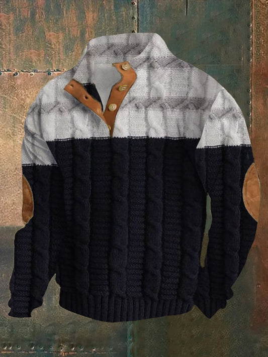 Men's Western Colour Block Art Print Stand Collar Button Sweatshirt Last day 80% off!