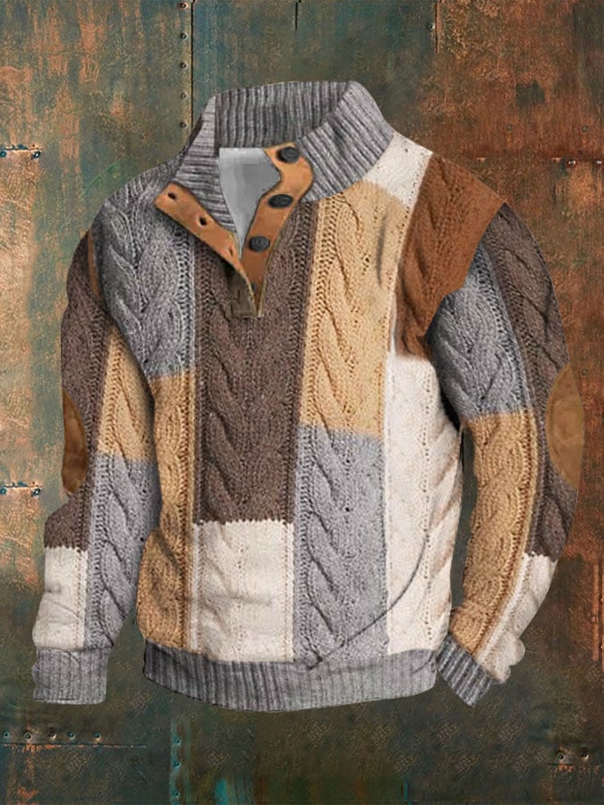 Men's Retro Texture Print Standing Collar Button Casual Sweatshirt Last Day 80% Off!