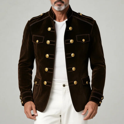Men's Suede Double-Breasted Jacket – Stand Collar, Pockets