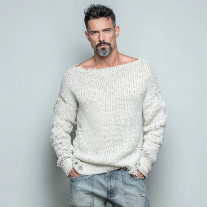 Men's Distressed Knit Sweater – Boat Neck, Drop Shoulder