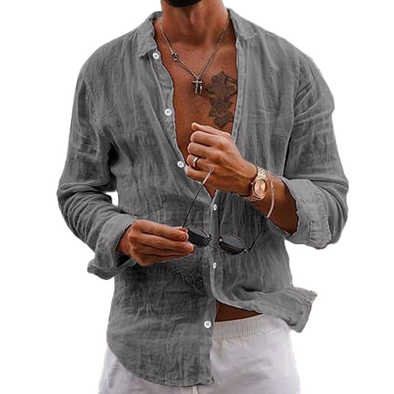 Men's Casual Solid Colour Lapel Cotton Linen Long-Sleeved Shirt 76098441M | Last day 80% off!