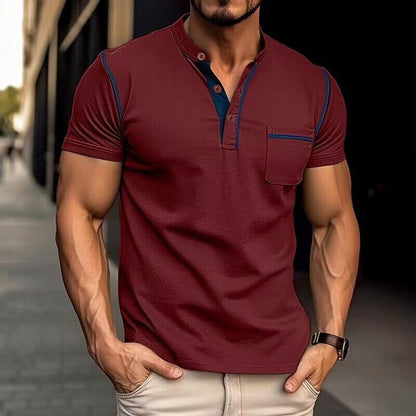 Men's Casual Colourblock Henley Collar Cotton Short Sleeve T-Shirt 53275107Y | Last day 80% off!