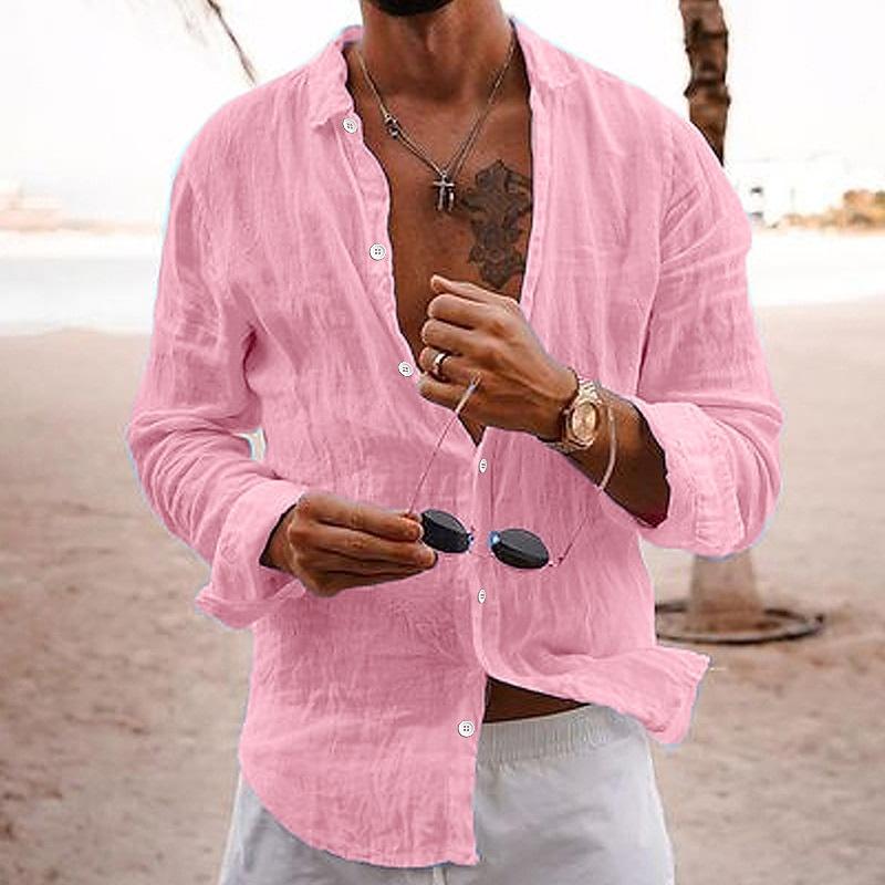Men's Casual Solid Colour Lapel Cotton Linen Long-Sleeved Shirt 76098441M | Last day 80% off!