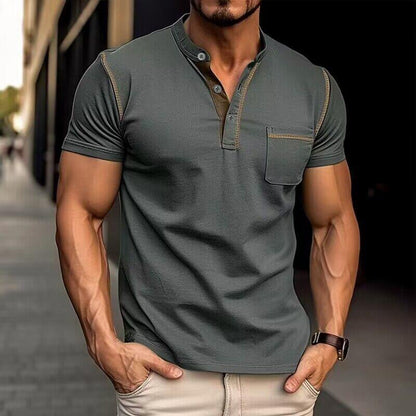 Men's Casual Colourblock Henley Collar Cotton Short Sleeve T-Shirt 53275107Y | Last day 80% off!
