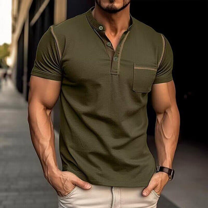 Men's Casual Colourblock Henley Collar Cotton Short Sleeve T-Shirt 53275107Y | Last day 80% off!
