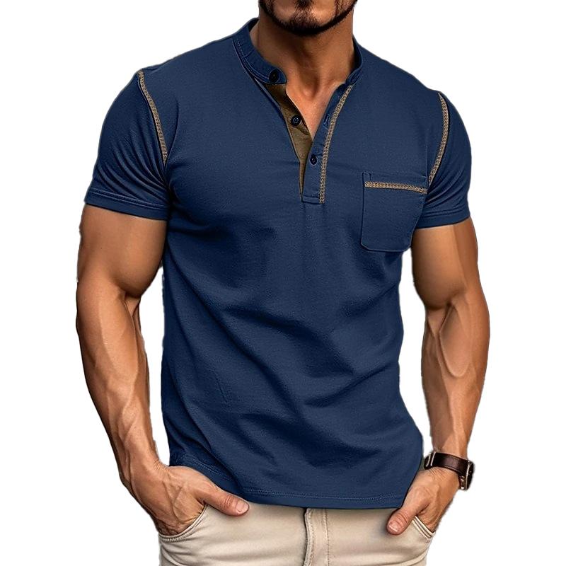 Men's Casual Colourblock Henley Collar Cotton Short Sleeve T-Shirt 53275107Y | Last day 80% off!