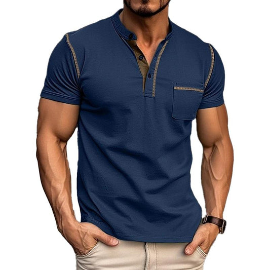 Men's Casual Colourblock Henley Collar Cotton Short Sleeve T-Shirt 53275107Y | Last day 80% off!