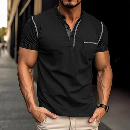 Men's Casual Colourblock Henley Collar Cotton Short Sleeve T-Shirt 53275107Y | Last day 80% off!