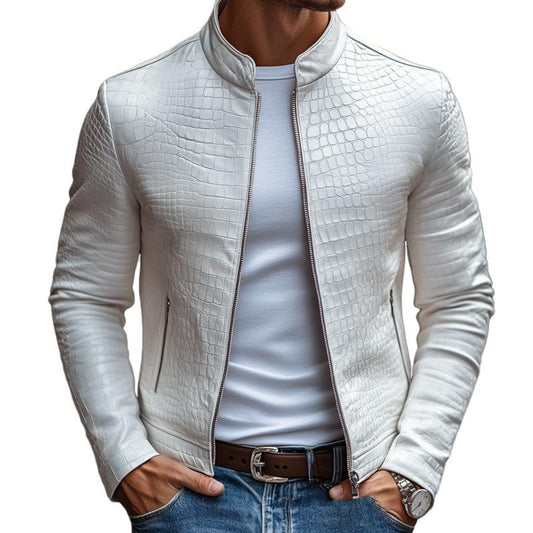Men's Fashion Stone Pattern Stand Collar Zipper Slim Fit Leather Jacket | Last day 80% off!