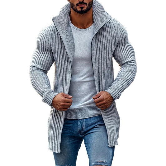 Men's Fashion Stand Collar Solid Striped Long Sleeve Mid-length Knit Cardigan 70689538Z | Last day 80% off!