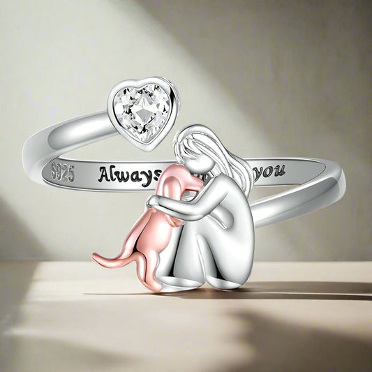 Adjustable Dog Ring in 925 Sterling Silver – “Always in My Heart” with Zirconia | Last Day 80% Off!